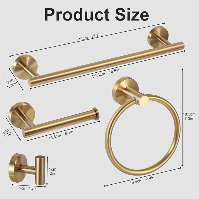 7Pcs Brushed Gold Bathroom Hardware Set - SUS Towel Racks for Bathroom Wall Mounted, Modern Accessories Includes 15.7 Inch Towel Bar & Ring, Toilet Paper Holders, Robe Hook - Need Drilling
