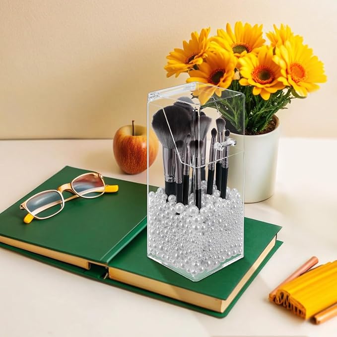 Zerodeko Acrylic Pen Holder Storage Box with Lid 2-Pack Clear Desktop Organizer for Makeup Brushes Stationery and Small Items 8.26X3.34X3.34In