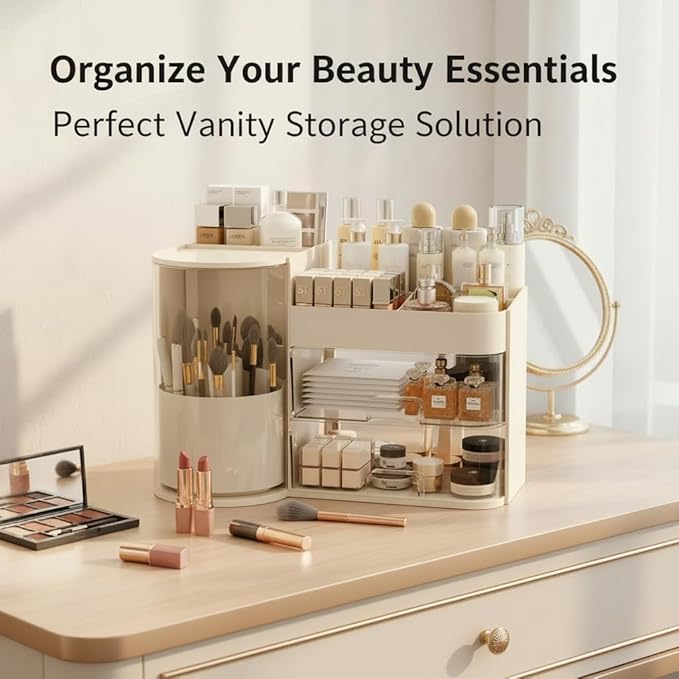 Makeup Organizer with Rotating ,Large Bathroom Countertop Cosmetic Organizer with Brushes Holder,Skincare Storage Organizer,Ideal makeup holder for Skincare,Lipstick and other items (cream white)