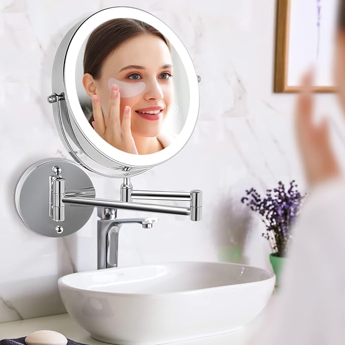 GREENFROM Wall Mounted Lighted Makeup Mirror: 8.5 Inch Double Sided Makeup Mirror with 1X/15X Magnification for Vanity, Bathroom, and Shaving - Chrome