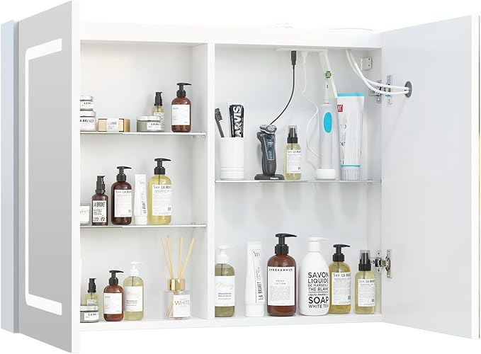 Medicine Cabinet with Lights, Lighted Bathroom Medicine Cabinet with Sockets & USB, Large Mirror Cabinet with Electrical Outlet, LED Mirror Cabinet,Color Adjustment,Wall Mounted 32X24Inch