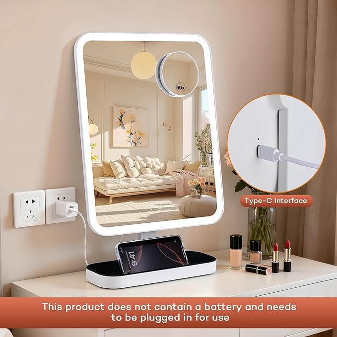 Vanity Mirror with Lights, Storage Hollywood Mirror, 1/10X Magnifing, 3 Colors Lights & Adjustable, Lighted Up Mirror for Makeup Desk, Bedroom, Dressing Room, (19.7" X 12" White) Plug in