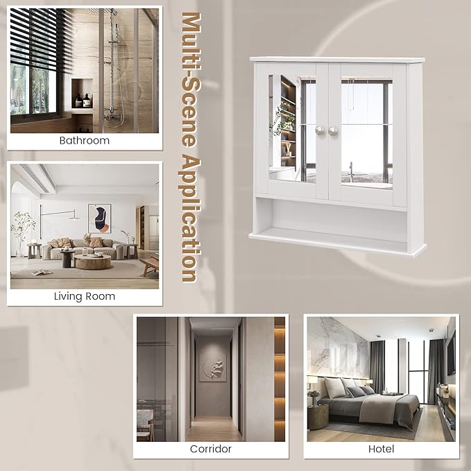 COSTWAY Bathroom Cabinet Wall Mount, Wooden Medicine Cabinet with 2 Mirror Doors, Adjustable Shelf, Open Compartment, for Laundry, Living Room, Kitchen, White