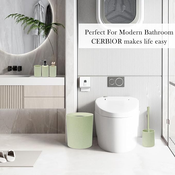 CERBIOR Bathroom Accessories Set 6 Piece Wheat Straw Bath Ensemble Includes Soap Dispenser, Toothbrush Holder, Toothbrush Cup, Soap Dish for Decorative Countertop and Housewarming Gift (Green)