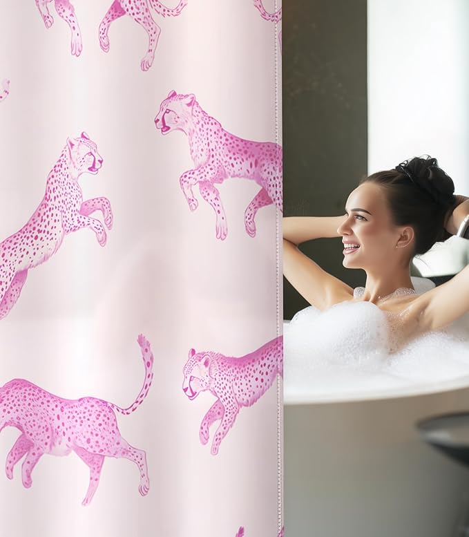 MAMUSE Shower Curtain for Bathroom - Cute Aesthetic Decorative Modern Girly Unique Girls Design Pretty Women Waterproof Fabric Cloth Cortinas de Baño Bathtub 72 x 72 Inch, Pink Leopard