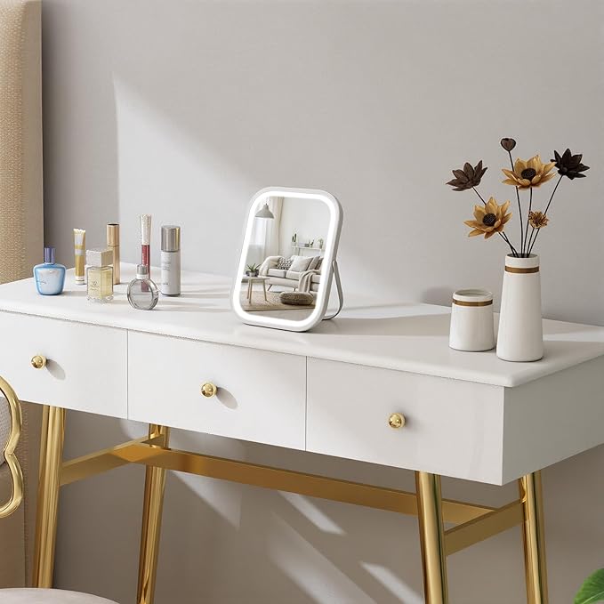Vanity Mirror with Lights, 8"×6" LED Makeup Mirror Built-in 1500mAH Lithium Battery, Smart Touch with 3-Color Lighting, Dimmable, Lighted Up for Makeup Desk, Travel (White)