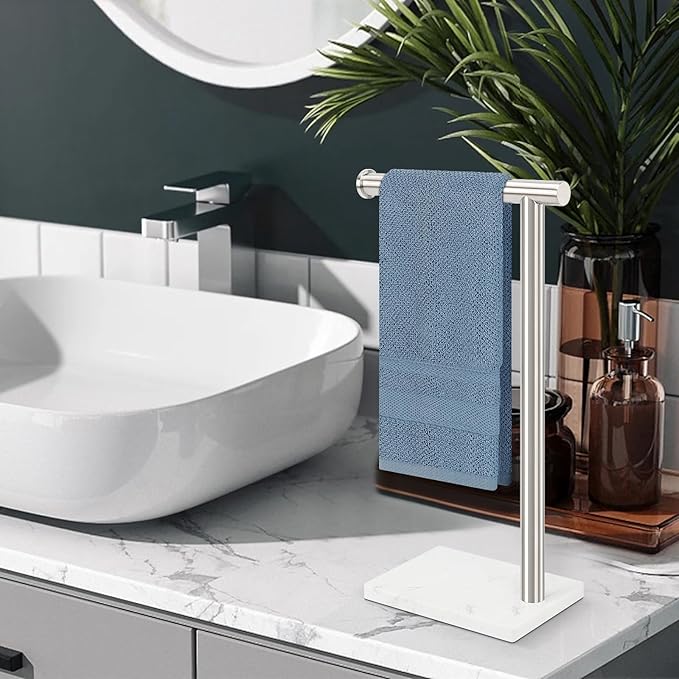 Standing Hand Towel Holder with Marble Base, 304 Stainless Steel Towel Rack, Countertop Stand Towel Ring for Bathroom (Brushed Nickel)