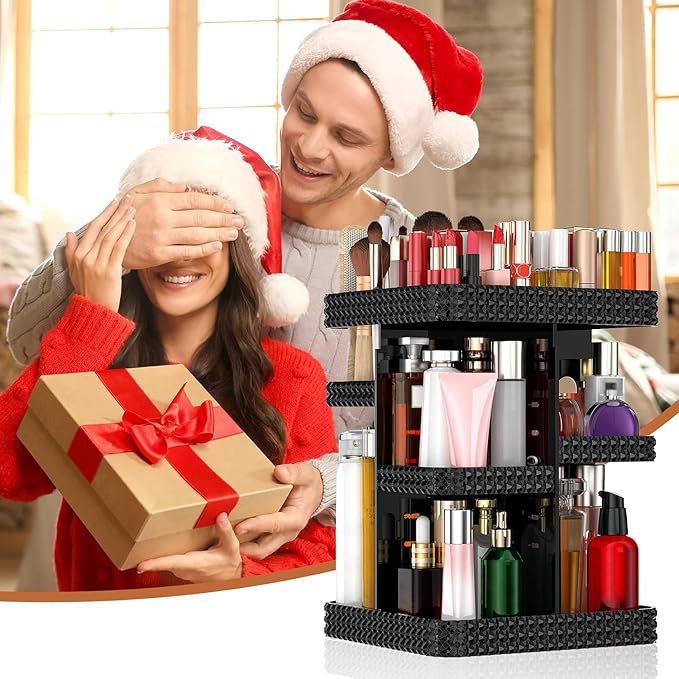 360 Rotating Makeup Organizer - Black Acrylic Makeup Storage for Vanity, Cosmetic Organizer with Lotion and Perfume Holder for Dresser