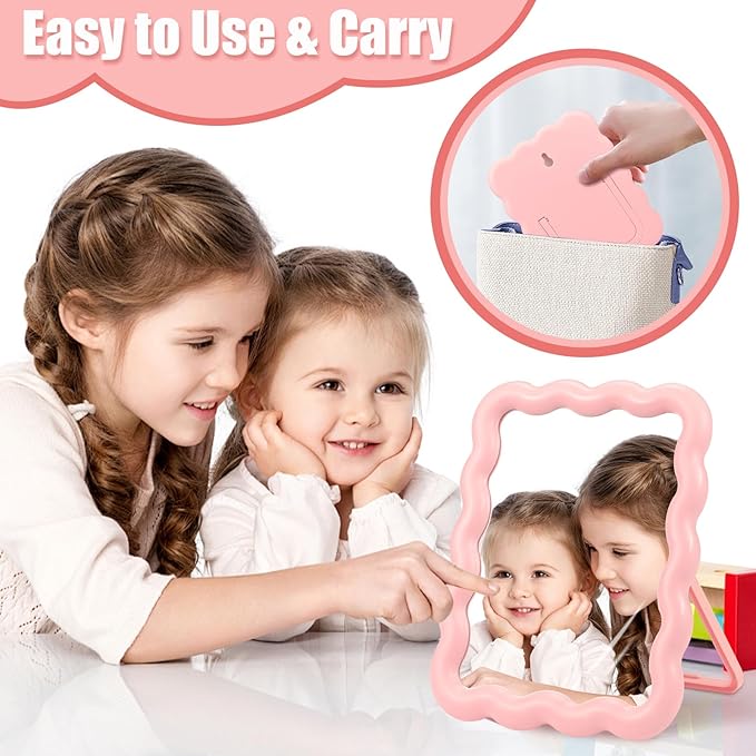 Desk Mirror, Wave-Shaped Adjustable Desk Vanity Makeup Mirror Office Cubicle with Eyebrows Tweezer, 6.7*5.3In Cute Travel Portable Folding Make Up Mirrors for Standing Hanging Home Decoration(Pink)