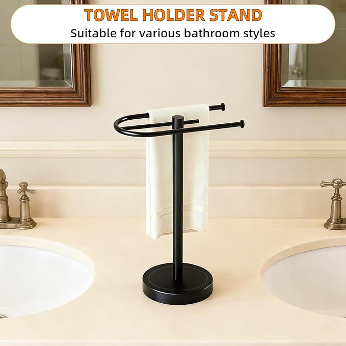 Towel Holder Stand, Stainless Steel Hand Towel Holder Rack for Bathroom Countertop, C-Shape Free Standing Towel Bar Holds 2 Towels for Bathroom Kitchen Countertop, Matte Black