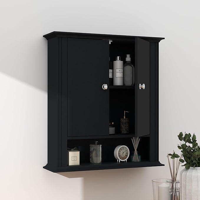 Bathroom Cabinet Wall Mounted| Over the Toilet Storage Cabinet with 2 Doors & Adjustable Shelf, Hanging Wall Cabinet, Upper Cabinet Storage Cupboard for Bathroom,Kitchen,Laundry Room, Black