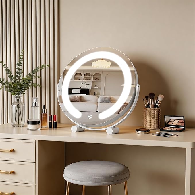 Vanity Mirror with Lights, 12" LED Makeup Mirror, HD Professional Mirror, Smart Touch with 3-Color Lighting, Dimmable, 360° Rotation, Lighted Up for Makeup Desk, Bedroom (White)