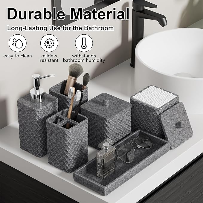 Bathroom Accessories Set Resin 6PCS, Square Toothbrush Holders Set Complete with Soap Dispenser, Vanity Tray, Tumbler, Cups and Cotton Swab Jars (Gray Diamond, Resin Bath 6 PCS)