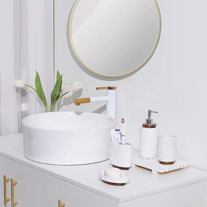 RQYIXI 4 Piece Bathroom Accessories Set, White Ceramic Bath Accessory Set with Wood Accents, Soap Dispenser, Toothbrush Holder, Tumbler and Soap Dish, Elegant Bathroom Countertop Decor