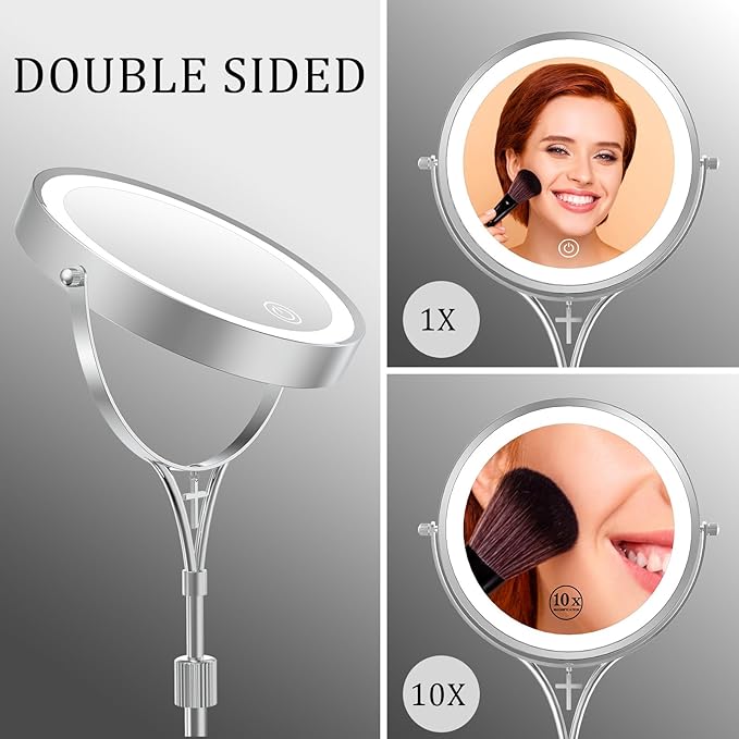 1x/10x Magnifying Mirror with 3 Color Lights and Cross Dangle Charm, 7" Lighted Makeup Mirror with Magnification, Height Adjustable Vanity Mirror, Birthday Christian Gifts for Women, Chrome