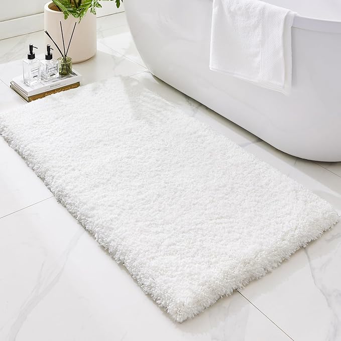 Bathroom Rugs Non Slip Washable 48x24, Ultra Thick Soft Microfiber Absorbent Bath Mats, High Density Foam Latex Non Slip Backing Bath Rugs, Fluffy Floor Carpet for Tub&Shower, White