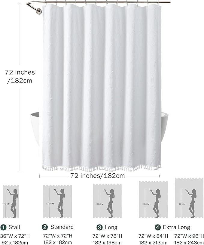 OVZME White Shower Curtain for Bathroom, Puff Printed Textured Shower Curtain with Tassels, Rustic Geometry Heavy Duty Vintage Country Bathroom Curtain, Water Resistant Fabric, 72Wx72L Inches