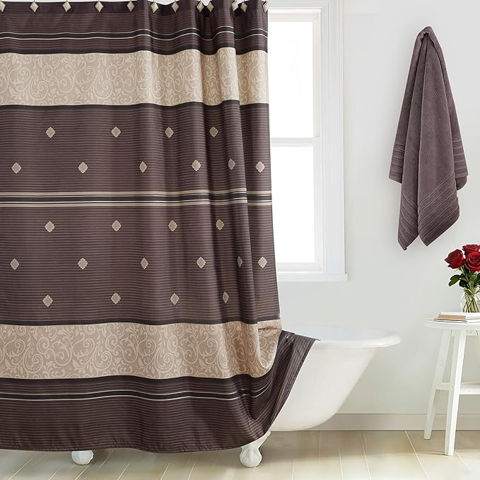 Modern Decorative Shower Curtain, Brown Tan Stripe Pattern, Fabric Bathroom Curtain, 72" W x 72" H