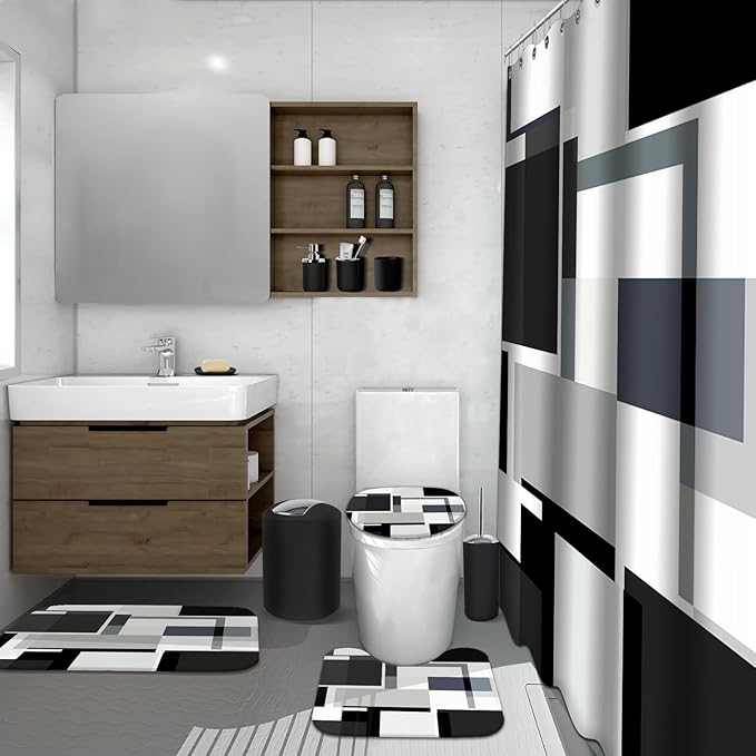 Lnond Black Bathroom Set, 23-Piece Black Geometric Bathroom Decor Set with with Shower Curtain and Rugs, Trash Can, Toilet Brush Holder Set & Soap Dispenser