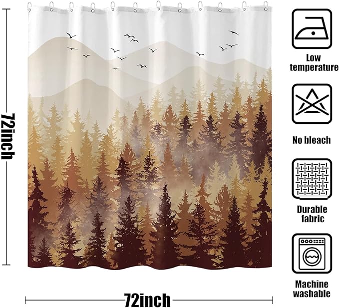 Accnicc Fall Brown Yellow Misty Forest Shower Curtain Ombre Autumn Nature Foggy Tree Waterproof Fabric Shower Curtains for Bathroom Mountain Woodland Decorative Bath Curtain Decor (72'' Ć 72'')
