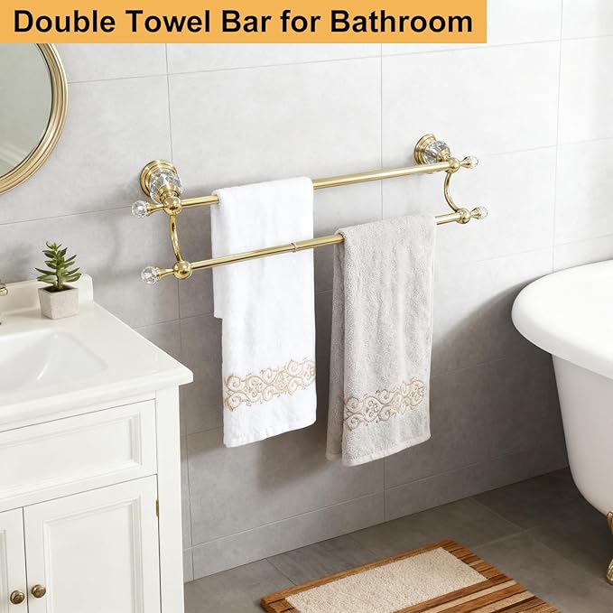Gold Double Towel Bar with Crystal, Adjustable Towel Racks for Bathroom Wall Mounted 18-30 Inches, Stainless Steel Towel Rod Holder for Modern Luxury Bathroom