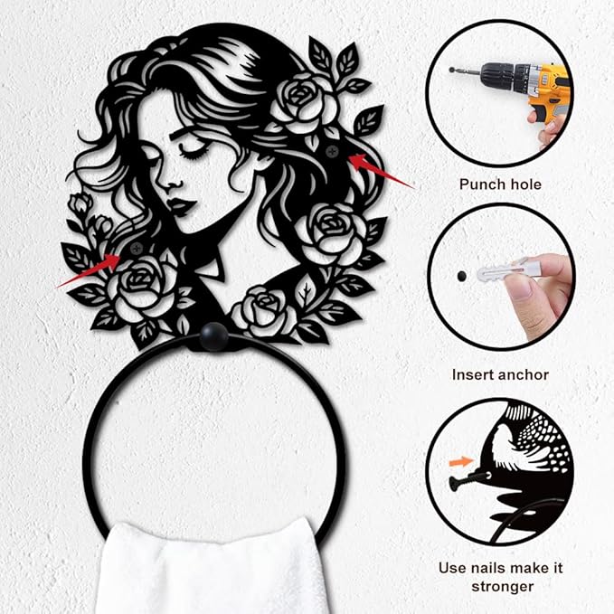 MAYJOYDIY Woman and Flowers Metal Towel Ring, Branch Leaves Black Hand Towel Holder, Romantic Rose Lady Hanging Ring Wall Mounted Bathroom Accessories for Bathroom Kitchen Home Decoration Gift