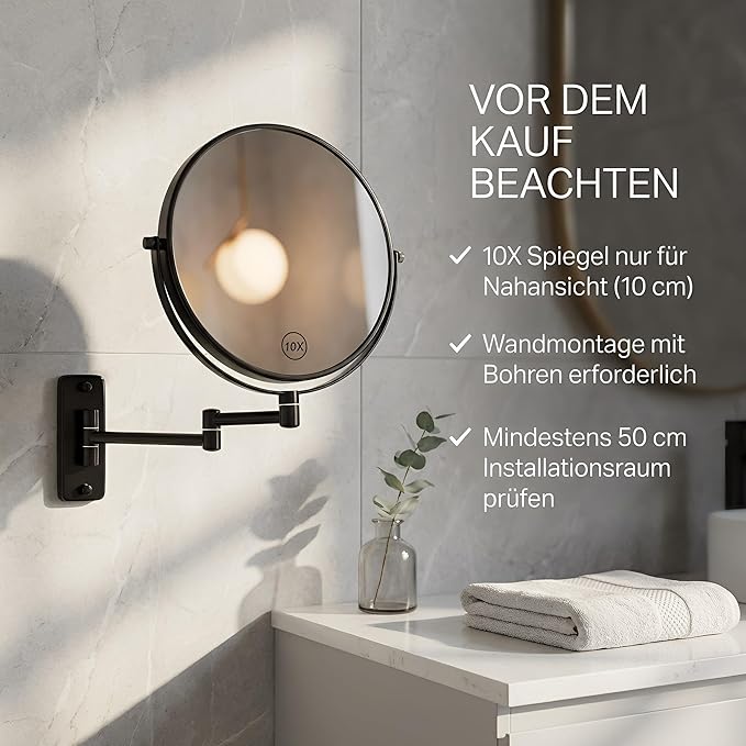 8” Makeup Mirror Wall Mounted, 1X/10X Double-Sided Wall Mount Magnifying Bathroom Mirror with Extendable Arm, 360° Swivel Vanity Shaving Mirror for Bathroom and Makeup, Black (No Light