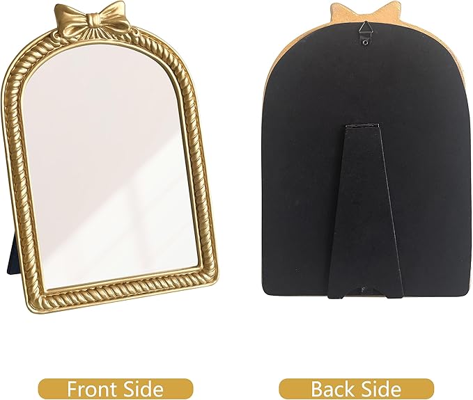 Gold Bow Resin Frame Mirror, Dual-Use Tabletop & Wall Mounted Vanity Mirror for Bedroom Living Room Decor