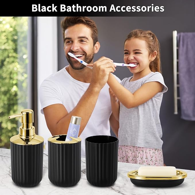 XLHOMO 9PCS Black and Gold Bathroom Accessories Set Complete with Trash Can, Vanity Tray, Soap Dispenser, Soap Dish, Toothbrush Holder, Toothbrush Cup, Toilet Brush and Qtip Holders