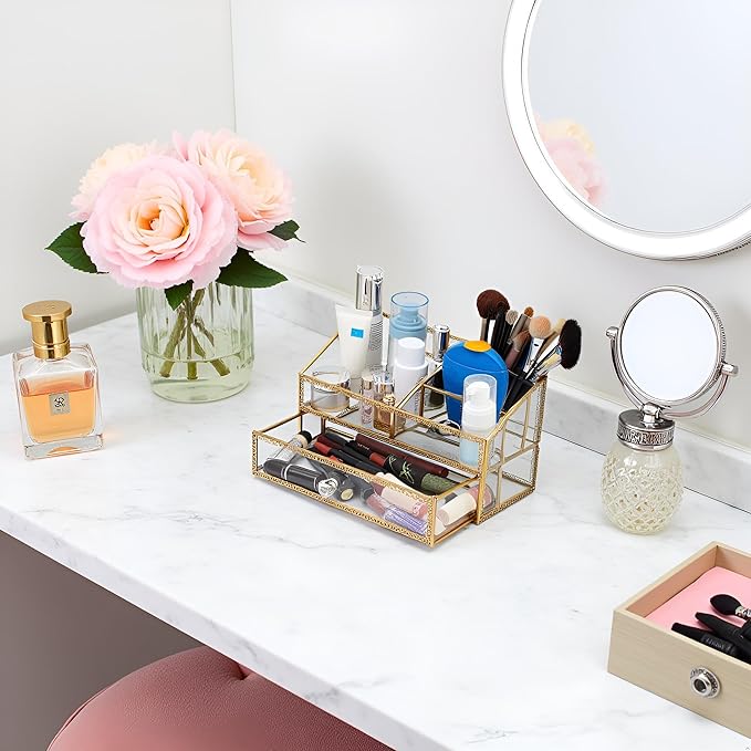 Vintage Gold Makeup Organizer - Glass Makeup Organizer Countertop Organizer for Make-Up Brushes Vanity, Tabletop Organizer Display Case for Bathroom, Vanity, Drawers GJB002