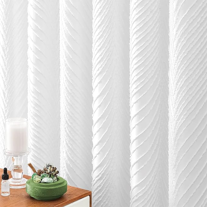 BTTN 72x78 Long Shower Curtain - Boho Tufted Leaves Textured Striped Tassel Shower Curtain Set with 12 Plastic Hook, Water Repellent, Modern Farmhouse Luxury Fabric Shower Curtains for bathroom, White
