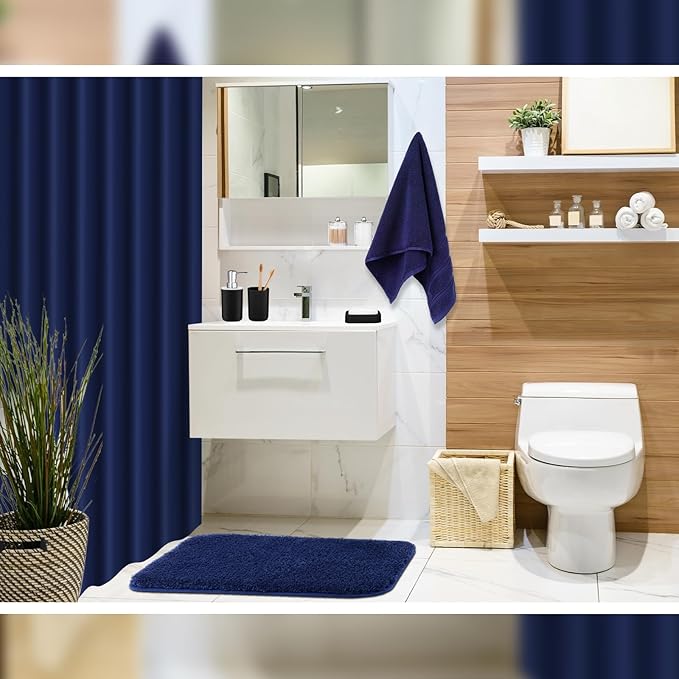 Fanfanwin 3 Pcs Bathroom Curtain Sets with Shower Rug and Towel Waterproof Shower Curtain Non Slip Bathroom Rug Bath Mat Soft Hand Towel with 12 Hooks for Hotel Decor(Navy Blue)