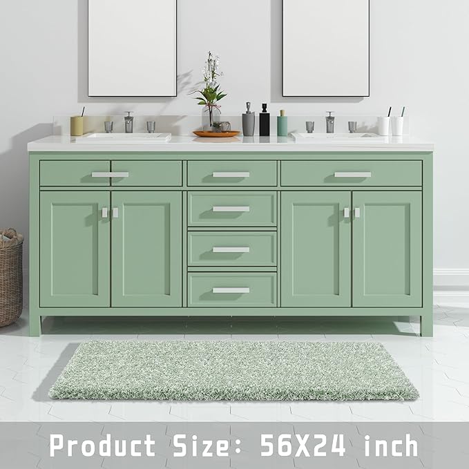 Yimobra Luxury Bathroom Rugs, Fluffy Bath Mats, Non Slip, Water Absorbent Microfiber, Machine Washable, Plush Runner Shower Rugs, Thick Matts for Bathroom Floor&Tub, 56"x 24", Light Green and White