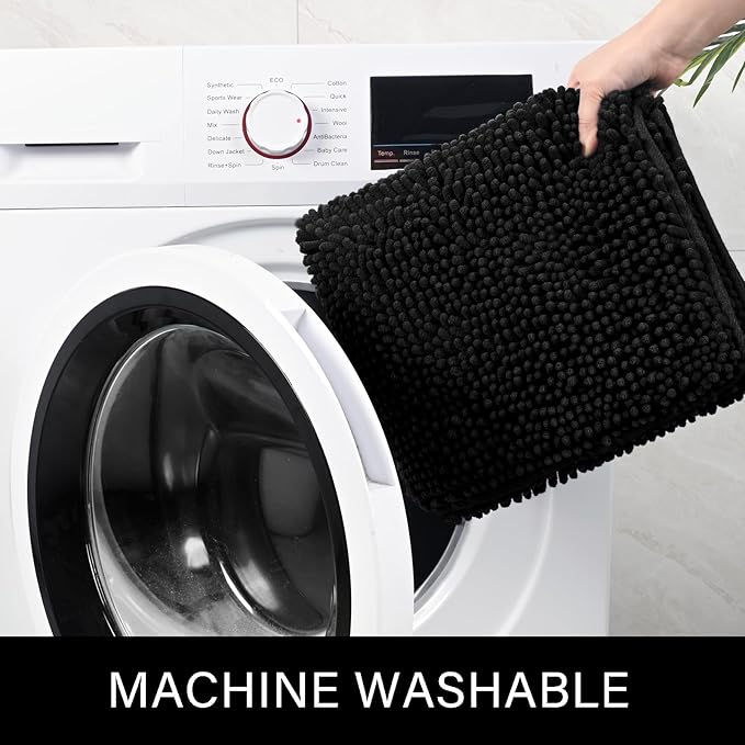 LOCHAS Luxury Bathroom Rug Shaggy Bath Mat 24 x 80 Inch, Washable Non Slip Bath Rugs for Bathroom Shower, Soft Plush Chenille Absorbent Carpets Mats, Black