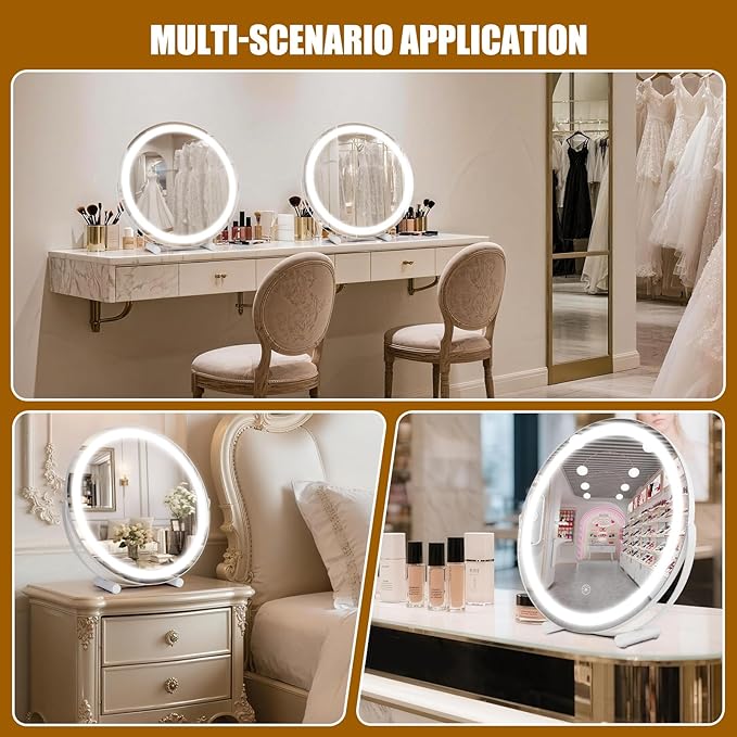 Vanity Mirror with Lights, 18" LED Makeup Mirror, HD Professional Mirror, Smart Touch with 3-Color Lighting, Dimmable, 360° Rotation, Lighted Up for Makeup Desk, Bedroom (White)