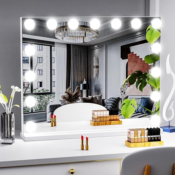 Gvnkvn 22.8 x 18.2 Vanity Makeup Mirror with Lights, 10X Magnification,Large Hollywood Lighted Vanity Mirror with 15 Dimmable LED Bulbs, USB Charger Port, Tabletop or Wall-Mounted Gold