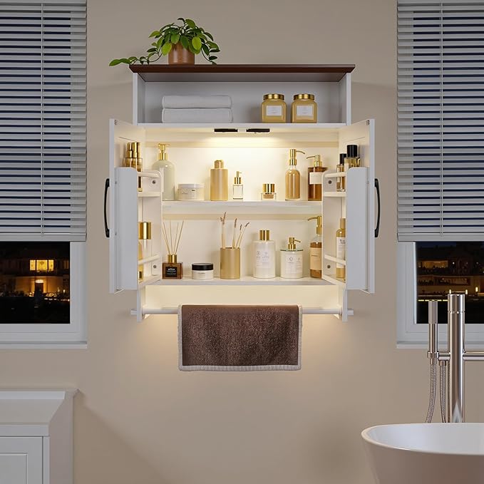 VECELO Bathroom Wall Cabinet with Motion Sensor LED Light, Farmhouse Medicine Cabinets with Open and Hidden Storage Space, Wall Mounted Storage Cabinet with Towels Bar for Bathroom, Kitchen, White