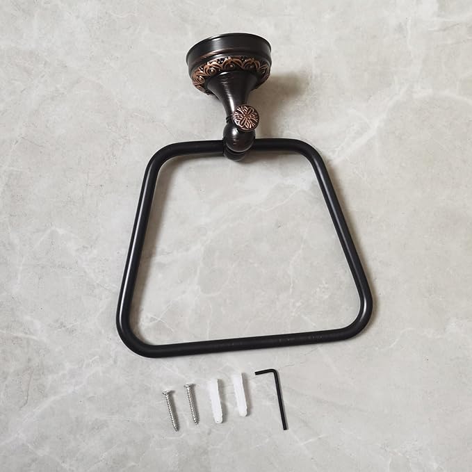 Oil Rubble Bronze Brass Bath Trapezoidal Towel Ring Towel Holder, Wall Mounted Black Bathroom Hardware Accessories, Pattern Carving Design
