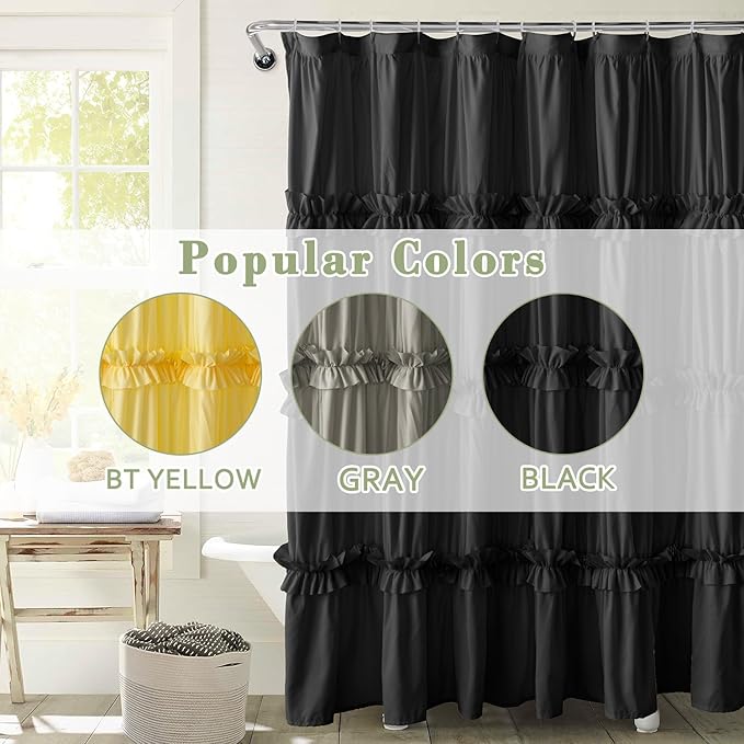 Farmhouse Ruffle Shower Curtain with Handmade Ruched, Vintage Ruffled Fabric Bathroom Curtains, Decorative Elegant Bathroom Curtain with 12 Holes, Black, 72" W x 72" H(N60049)