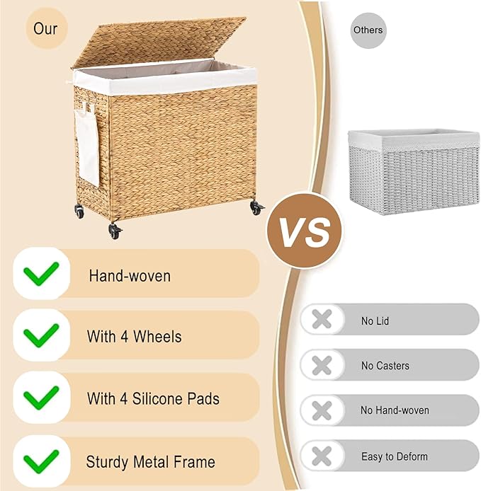 Handwoven Hamper with Lid, Laundry Basket with Wheels, Machine Washable Liner, 3 Section Clothes Hamper for Bathroom Laundry Room Bedroom(Natural, 165L)