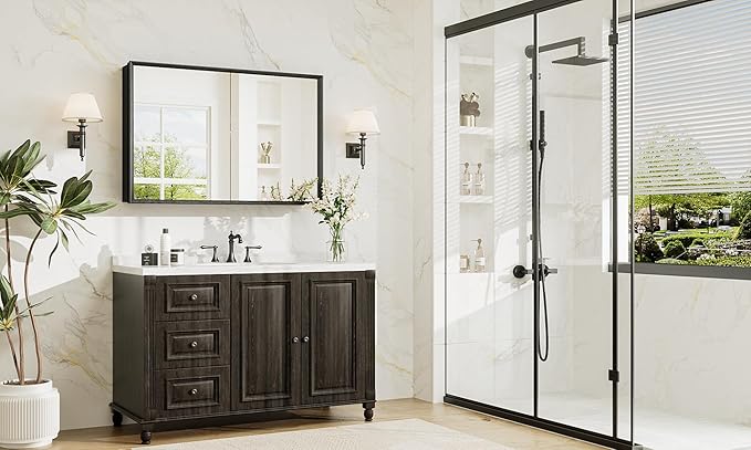 TokeShimi 40 x 26 Black Recessed Medicine Cabinet with Mirror, Assembly Required, Bathroom Medicine Cabinet with Mirror, Stepless Adjustable Shelves, Beveled Aluminum Frame, DTC Hinge