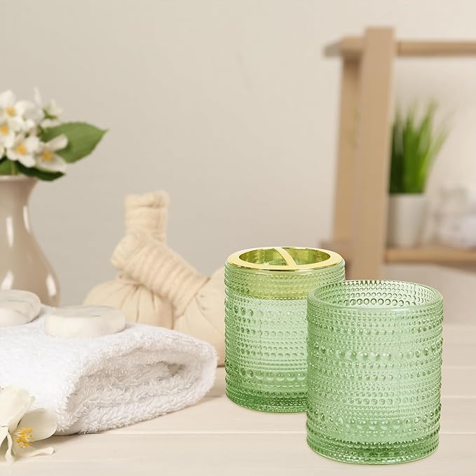 FEILANDUO Bathroom Accessories Set,4Pcs Glass Bathroom Accessories,Vanity Bathroom Decor, Soap Dispenser, Toothbrush Holder Set, Apothecary Jar, Gift for Home Apartment (Green A)