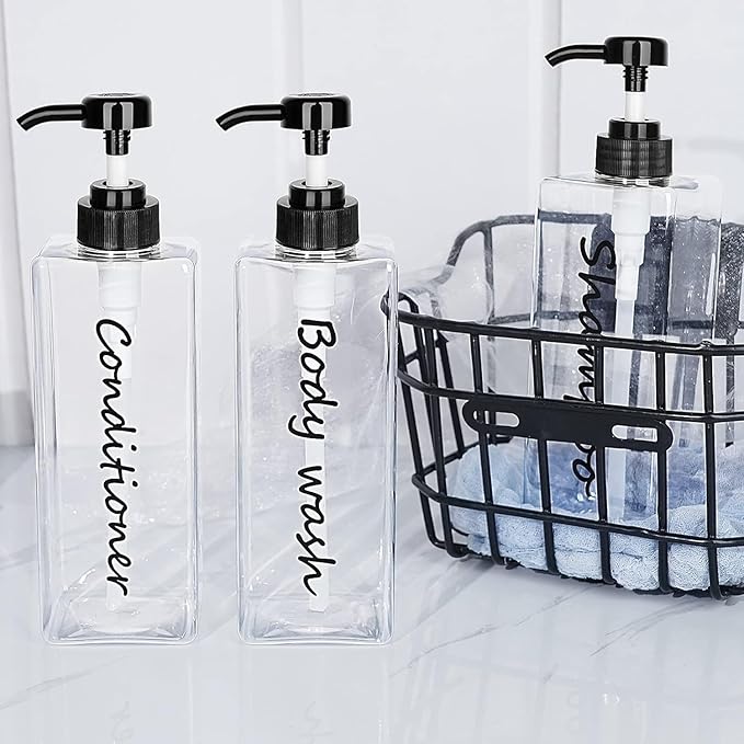 21oz Refillable Shampoo and Conditioner Bottles - Clear Set of 3 - Modern Shower Dispenser Set for Hotel Bathroom