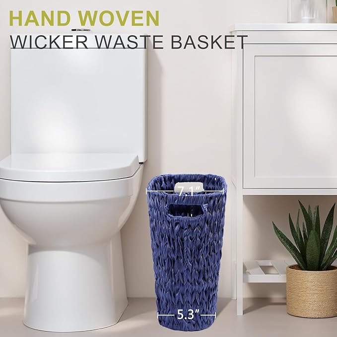 XLHOMO Navy Blue Bathroom Accessories Set with Wicker Trash Can Shower Curtain and Rugs,Bathroom Sets Small Waste Basket Bathroom Trash Can for Bedroom Bathroom