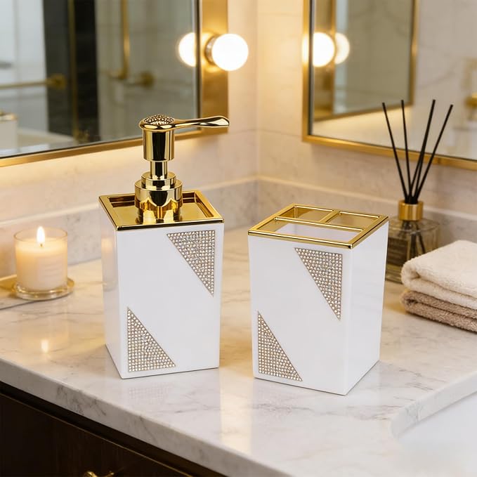 Bathroom Accessories Set, Square 2-Piece White Soap Dispenser & Toothbrush Holder with Sparkling Inlaid Diamonds, Modern Geometric Vanity Set