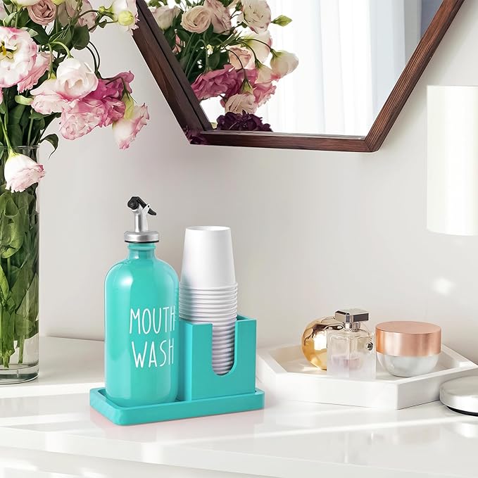 Turquoise Mouthwash Dispenser for Bathroom, 16 OZ Glass Mouthwash Dispenser with Wood Cup Holder and Tray, Mouth Wash Bottle Container, Teal Kitchen Bathroom Decor and Accessories