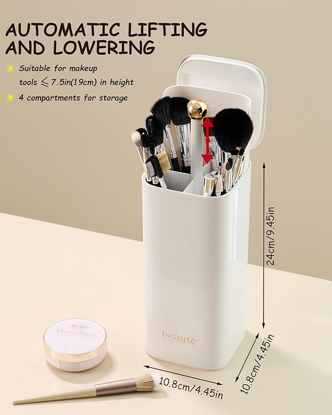 Makeup Brush Holder with Lid, Automatic Lifting Waterproof Dustproof Makeup Brushes Organizer for Vanity Desktop Bathroom Countertop(White)