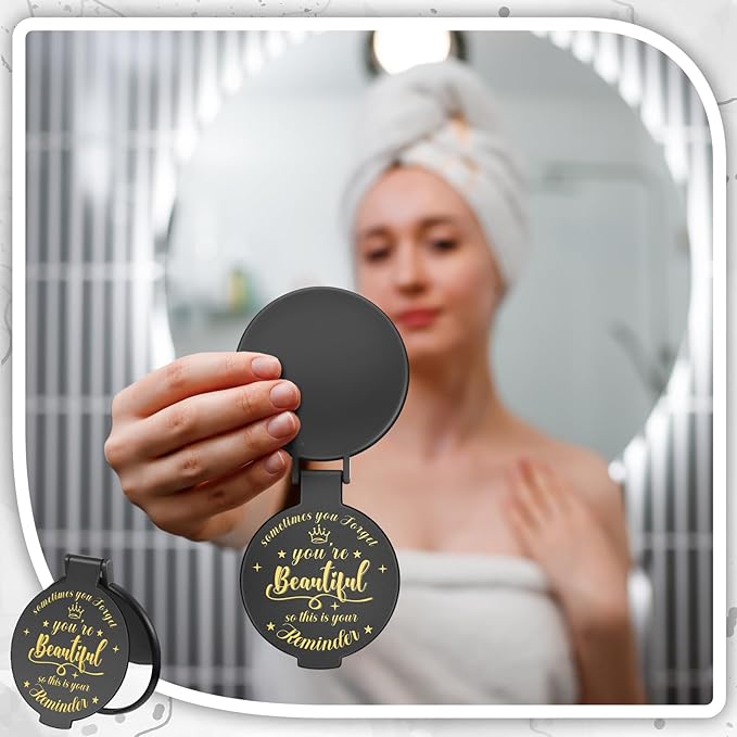 100 Pcs 2.76 Inch Inspirational Compact Mirror Bulk Women Small Gifts Graduation Party Favors Purse Mirror Pocket Mini Stuffer Items for Adult Coworker Cheerleader Employee (Black)