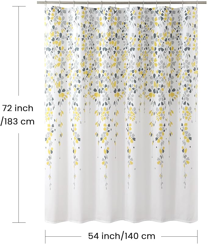 Stall Fabric Shower Curtain, Yellow and Gray Floral Flower Shower Curtains for Bathroom, Waterproof Bathroom Curtains, 54" W x 72" H