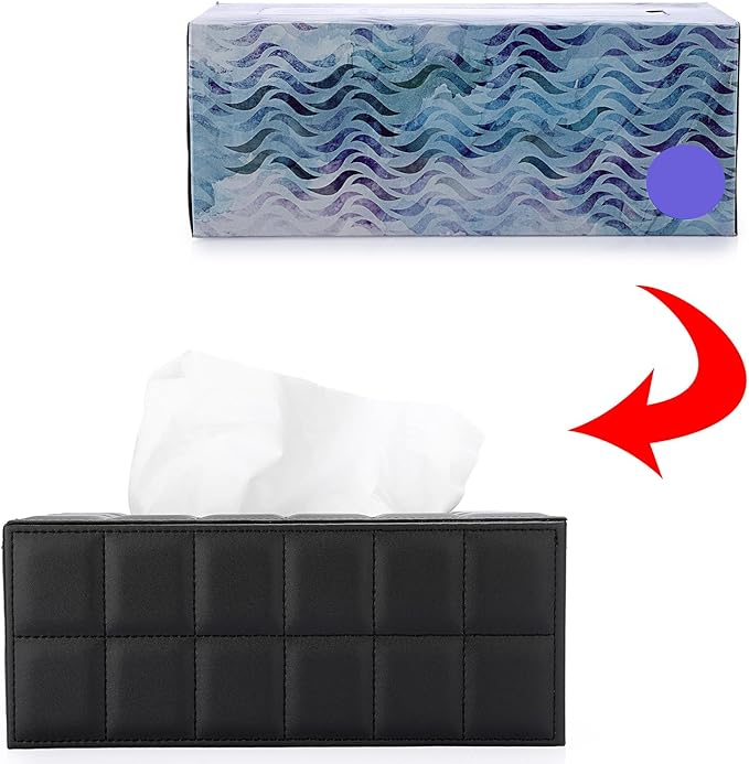 Sumnacon Rectangular Leather Tissue Box Cover - Stylish Tissue Box Holder with Magnetic Bottom, Decorative PU Tissue Box for Vanity Dresser Night Stand Table Countertop Home Office Car,Grid Black